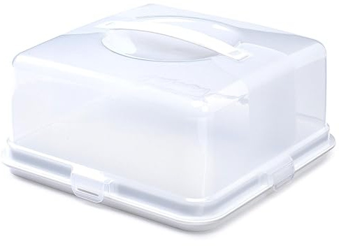 TSA LIMITED Square Plastic Cake Box with Lockable Lid and Carry Handles White Large Cake Carrier Storage Container for Cakes, Serving Pies, Cookies and Desserts