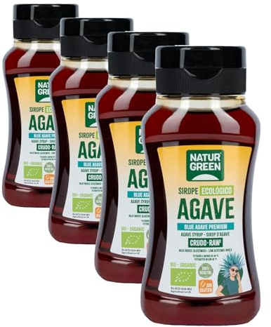 NaturGreen - Sirope de Agave Crudo Bio 236 ml, Edulcorante Natural, Agave Azul, Alternativa Vegana a la Miel y el Azúcar, Sin Gluten, Ideal para Endulzar Bebidas, Yogures y Postres (Paquete de 4)