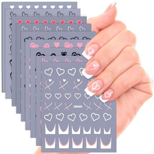 JSRQT Nagelsticker Herz 9 Blatt Nail Art Sticker Nagelsticker Selbstklebend für Frauen Mädchen Nageldesign Zubehör 3D Sticker DIY Süßes Nagel Nail Charms Dekoration