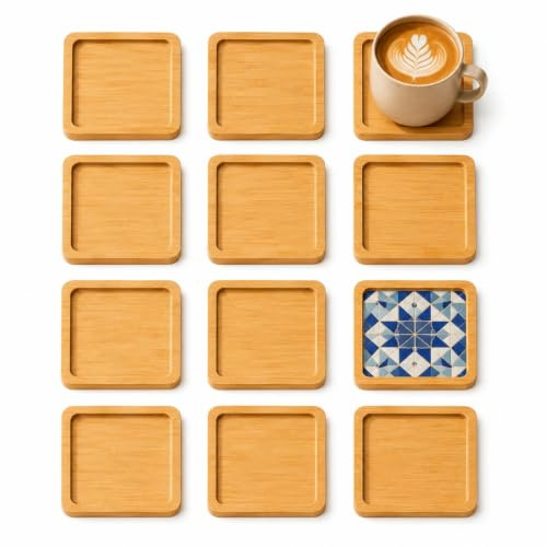 12 PCS Wooden Coasters, 9cm Square Bamboo Coasters for Mosaic | Blank Base Trays for DIY Crafts, Small Plant Trays, Drinking Cup Coaster, Coffee Table Decoration, Art Plate