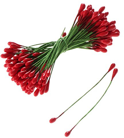 100Pcs Artificial Round Flower Stamens Red Double Sided Holly Berries on Wire Wrapped Craft DIY
