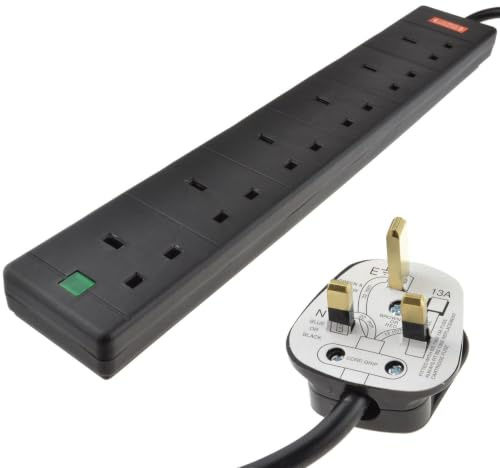 kenable Surge Protected 6 Gang Way Mains Extension Socket UK 13A Black 1m [1 metres]