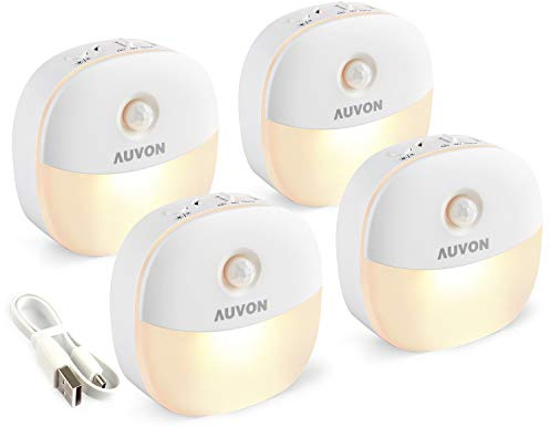 AUVON Rechargeable Battery Night Light, Mini with Motion Sensor, Warm White LED Stick-On Closet Light with Dusk to Dawn Sensor, Adjustable Brightness for Wall, Stairs, Hallway, Cabinet (4 Pack)