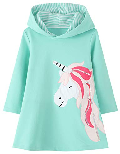 JinBei Vestidos con Capucha Niñas Unicornio Lentejuelas Largo Túnica Pullover Tops Manga Larga Algodón Suéter Casual Verde Otoño Sudadera con Capucha 5-6 años
