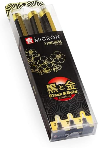 SAKURA Pigma Micron Fineliner, Schwarz und Gold Edition, 01/03/05, schwarze Tinte, 3 Stück