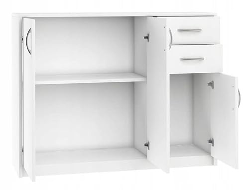MATKAM Schlafzimmer Kommode mit Schubladen und Türen - Sideboard Wohnzimmer H:85xB:110xT:35 cm - Komode mit 2 Schubladen und 3 Türen - Komodenschrank für Schlafzimmer - Weiß