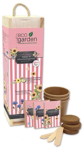 ecogarden, Bienen- & Schmetterlingswiese, Bio Samen, Pflanzen aus der Holzkiste 35,5x10x10cm, Made in Austria, Nachhaltige Geschenkidee, Grow Your Own/Anzuchtset
