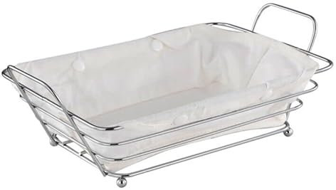 Cestino per pane con inserto in tessuto rimovibile, rettangolare, in metallo, per la colazione, in acciaio inox, per pane, frutta, pane, colore: argento/crema