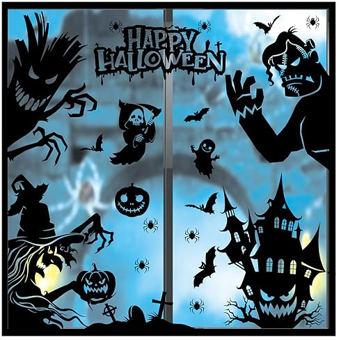 Halloween Deko Fenster Fensterdekorationen, eine große Menge an Gruseligkeit, Kürbisse, Hexen, Fledermäuse, ideal für Halloween Partys und Feiertage, Innendekorationen