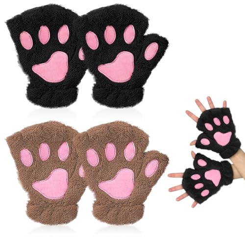 EUPSIIU 2 Piezas Guante Garra Gato, Guantes Sin Dedos Mujer, Adorable Kawaii Guantes Invierno Guante, Felpa Guantes Medio Dedo Guantes, para Mujeres y Niñas Cosplay Guante (Negro, Caqui)