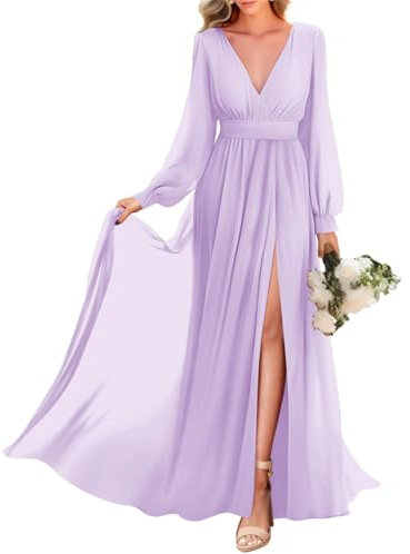 WSEYU Vestidos de dama de honor de manga larga con abertura plisada, vestidos de fiesta de boda, cuello en V, vestido formal largo de gasa, Lila, 46