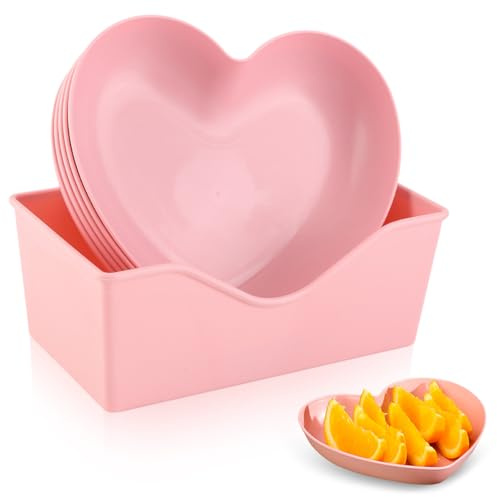 Heart Shaped Plates, 5PCS Heart Shaped Dessert Plate with Base Decorative Snack Serving Plate Multipurpose Small Appetizer Plates Pink Dinner Plate Steak Plate for Fruit Sushi(5PCS+Base)