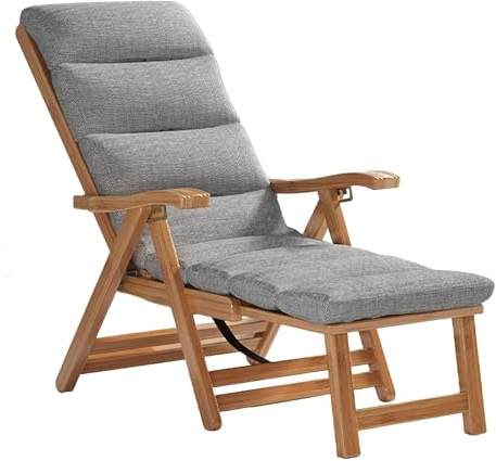 SCGSJZH Sillón Reclinable de Madera Tumbona Plegable para Exteriores, Silla Reclinable Ajustable de 5 Posiciones, Cama de Sol de Ocio con Reposapiés para Balcón Terraza, con Cojín