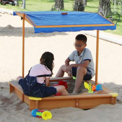 Wooden Sandbox with Adjustable Canopy Lid and Cover Outdoor Sand Pit for Backyard Play Lifting Roof for Sun Protection
