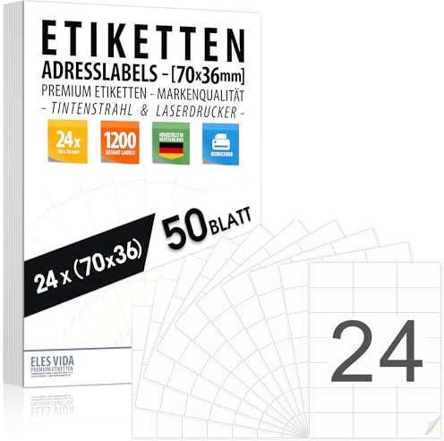 Adressetiketten 70x36 mm (1200 Etiketten – 50 Blatt A4) bedruckbar | Selbstklebend Tinten- & Laserdrucker Adressaufkleber, Druckeretiketten, Absenderetiketten, Universaletiketten MADE IN GERMANY