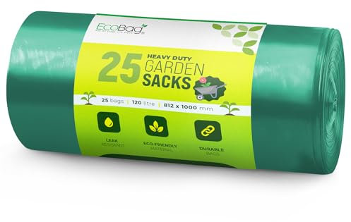 EcoBag - 25 Pack Extra Strong Heavy Duty Garden Sacks - 120L- 55 Microns - Recyclable, Leak Resistant & Eco-Friendly, Durable Garden Waste Disposal Bags for Household & Commercial Use - (812x1000mm)