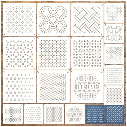 Zernblend 18 Pezzi Sashiko Stencil Set, Quilting a Mano, Stencil per Rilievo (7,87 x 7,87 pollici e 4,7 x 4,7 pollici)