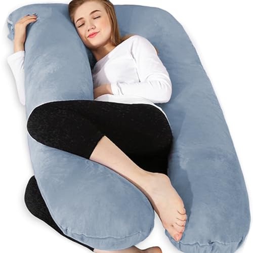 Chilling Home Almohada de embarazo, almohada para dormir de lado en forma de U con funda en U, cojín de lactancia, cojín grande, almohada para mujeres y para dormir de lado (azul niebla)