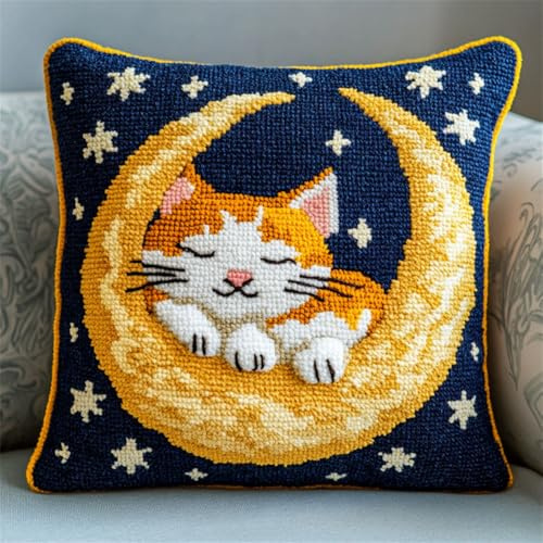 Kit De Cojín Con Gancho De Pestillo Kits De Costura De Fundas De Almohada Con Gato Durmiendo En La Luna Estrellas De Dibujos Animados 43X43 Cm Kits De Hilo De Ganchillo Para Bricolaje Kits D