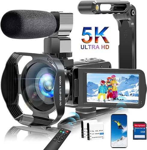 Videokamera 5K Camcorder, HD 64MP 30FPS IR Nachtversion Vlogging Kamera, 3.0-Zoll Touchscreen WiFi 18X Zoom Digitalkamera YouTube Camera Recorder mit Mikrofon, Fernbedienung, Gegenlichtblende, 2 Akku