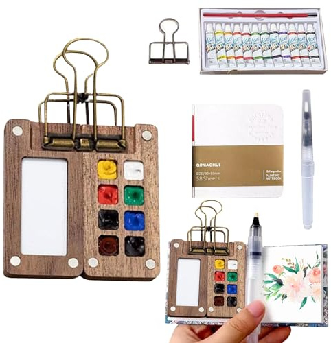 AURIVEE Kit Tavolozza per Pittura ad Acquerello - Mini Set Portatile in Legno 8 Scomparti