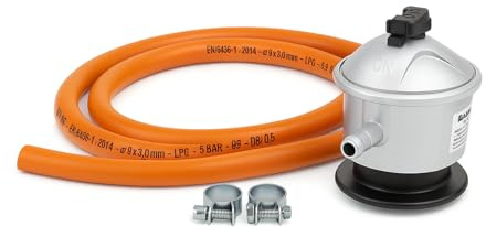 isigno Regulador de Gas butano + Manguera de Goma 1,5 m + 2 Abrazaderas Kit de Instalación para Cocina de Gas, Estufa, Caldera, Barbacoa y Camping