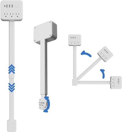 Asta di prolunga con 3 prese USB-A, 1 USB-C e 3 prese AC, prolunga per presa, rotazione di 180°, allungabile da 44 cm a 65 cm, da usare dietro divani e tavoli