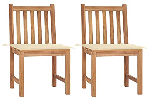 Holamys Trädgårdsstolar set om 2, teak i massivt trä, krämvit kudde, 50 x 53 x 90 cm, robust och väderbeständig, för balkong, terrass och trädgård, hållbara utomhusstolar