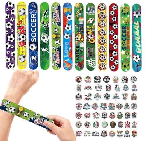 CATZUM Set de fiesta de fútbol, 50 pegatinas + 12 pulseras slap, pegatinas coloridas & pulseras PVC para niños, pequeños regalos para cumpleaños, transmisión pública & encuentros de fanáticos