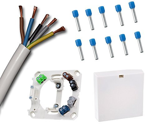 Herdanschlussdose mit 2 Meter Herdanschlusskabel weiß H05VV-F 5G2,5 mm² (2 m) und farbigen Anschlussklemmen passend zu den Kabeladern inkl. 10 x passende Adernhülsen (Grundpreis Kabel 3,99€/m)