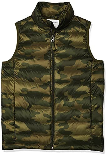 Amazon Essentials Jungen Leichte, Wasserabweisende, Verstaubare Daunenweste Mit Kapuze, Grün Tarnmuster, 9 Jahre