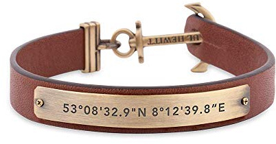 Paul Hewitt Pulsera con Ancla y Grabado de coordenadas Signum - Pulsera de Cuero marrón para Hombre, Pulsera para Hombres con Ancla, joyería de Acero Inoxidable en Color latón, 18.5 cm