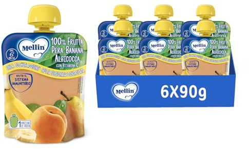 Mellin Merenda, Frutta Mista, Pera, Banana e Albicocca, 6x90g