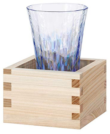 ADERIA Japanese Rice Wine Set Cold Sake Cup 3.2oz 95ml with Masu Wooden Box Handmade Katakuri Dogtooth Violet Blue Made in Japan Tsugaru Vidro Glass Spilled Sake Cup Gift Box