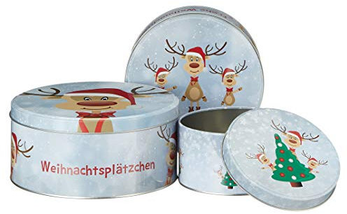 Spetebo Metall Keksdose 3er Set - Motiv: Rentier Ole - Weihnachts Gebäck Vorrats Plätzchen Dose Kekse rund