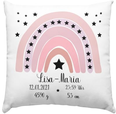 Baby Geschenk Kissen mit Namen und Geburtsdaten - Geburt Junge oder Mädchen Geburtsgeschenk Babykissen -personalisierte Babygeschenke -taufgeschenk von Taufpaten - neugeborenen Regenbogen Rosa