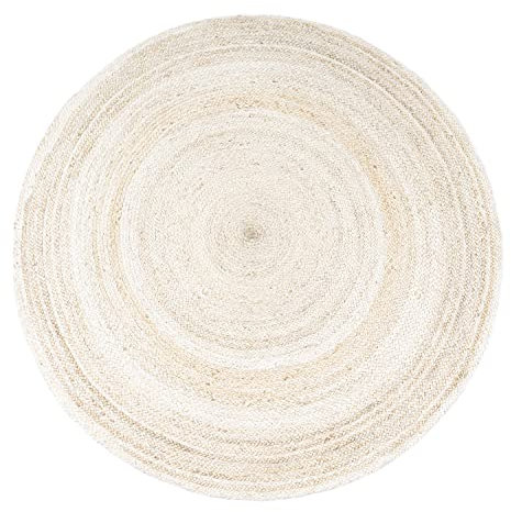 Paco Home Teppich Rund Wohnzimmer Jute Boho Ethno Muster Modern Handgefertigt Naturteppich, Grösse:80 cm Rund, Farbe:Weiß