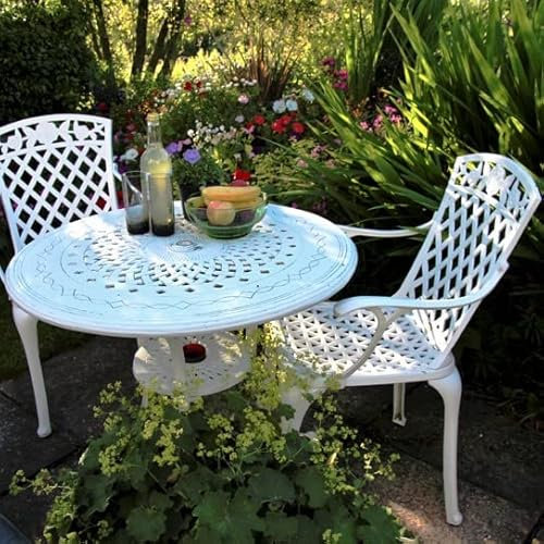 Lazy Susan 80 cm Runder Anna Gartentisch in Weiß mit 2 Rose Stühlen und terrakotta Sitzkissen | Nachhaltiges Sandguss-Aluminium | Wetterfest | Rostfrei | Wartungsarm | 3 Jahre Garantie