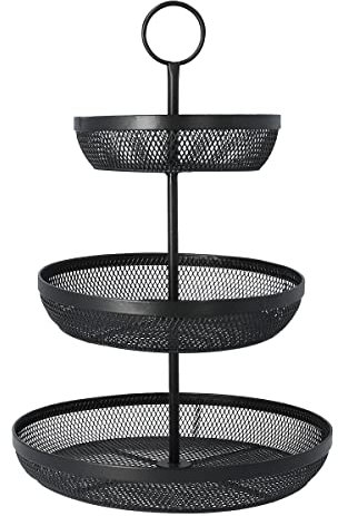 HOMLA Obstkorb Schwarz Metall - Gridio Obst- und Gemüsekorb - 3-stöckiger Obstkorb - Vielseitiger Runder Mehrzweckkorb - Küche Deko Obstschalen für Obst und Gemüse - 45x32 cm