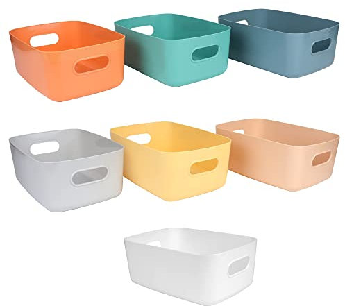 VECH Storage Baskets，7 Pack Plastic Storage Boxes for Shelves，Stackable Cupboard Organiser，Kitchen Storage & Organisation,Bathroom Storage Basket,Shelf Storage Box for Kitchen,Office and Home