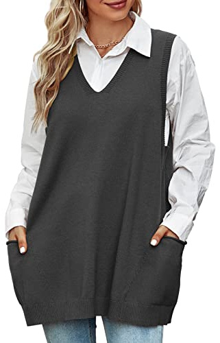 Xnova Gilet Smanicato Donna, Maglioni Senza Maniche in Maglia Scollo a V Chic Vintage, Maglione Canotta con Doppie Tasche (Gris Fonce, L)