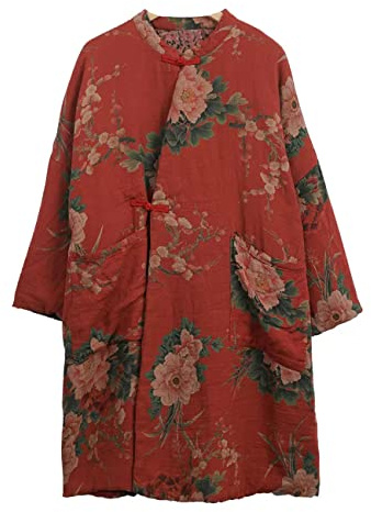 NFYM Giacca da donna in cotone, kimono, morbida, trapuntata, con stampa floreale, lunga, larga, con tasche (as1, alfa, taglia unica, plus, regolare, rosso), Rosso, Taglia unica Più
