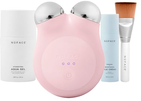NuFACE MINI+ Microcurrent Facial Device Kit, FDA-zugelassen - Mikrostrom-Gerät zur Hautstraffung, zum Konturieren, Liften und Straffen - inkl. Gel Aktivator, Silk Creme & Applikator-Bürste - Rose