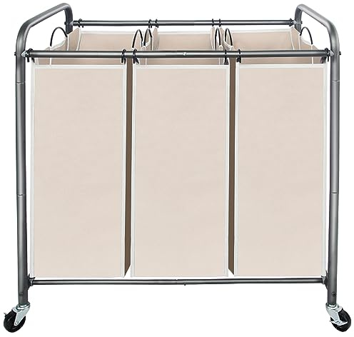 STO STO Laundry Sorter 3 Section, 3 Bag Clothes Hamper, Rolling Laundry Cart Basket with Heavy Duty Lockable Wheels and Removable Bag for Laundry Room, Bedroom, Closet, Beige