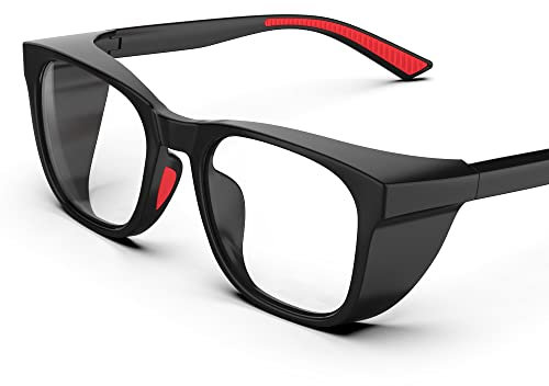 TOREGE Lunettes de protection transparentes avec protection latérale, antibuée et anti-rayures avec poignées antidérapantes et protection UV complète, idéales pour femmes et hommes (Black&Red)