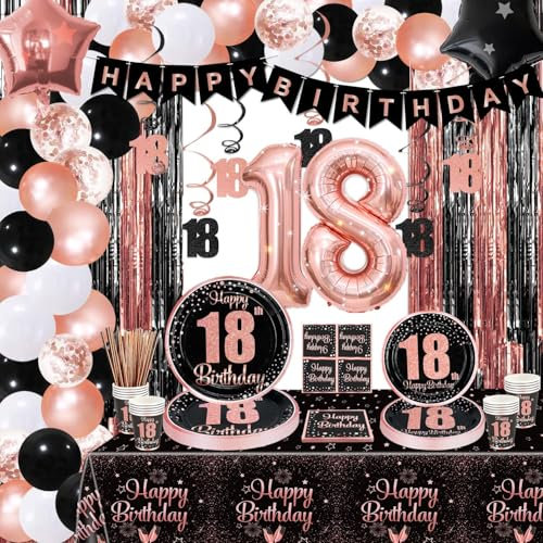 18th Birthday Decorations - Black and Rose Gold Party Decorations, Balloons, Banner, Plates, Napkins, Cups, Tablecloth, 18th Birthday Party Supplies for Girls, Serve 20