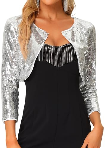 Allegra K Damen Pailletten Jacke Bolero Glitzernde Party Langarm Shrug
