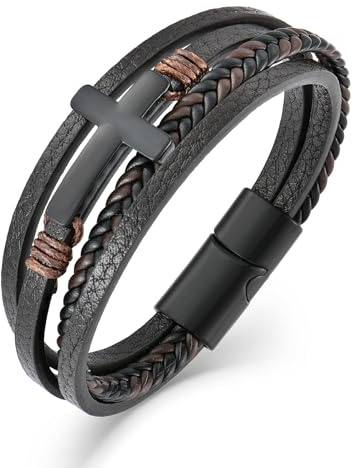 Veshon Mens Leather Cross Bracelet Multi-Layer Braided Faith Cross Bracelet for Religious Bangle Wristband Jewelry for Men Women, 8.3 Inch