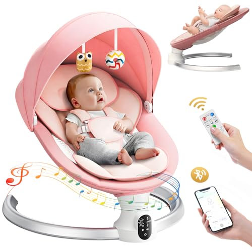 Dregan Sdraietta Neonati Elettrica - App e Telecomando Dondolo Neonati Elettrico con 3 timer, 5 Velocità di Altalena, 10 Musiche, Sdraietta Neonati Bluetooth Imbottita Morbida Baby (APP Rosa)