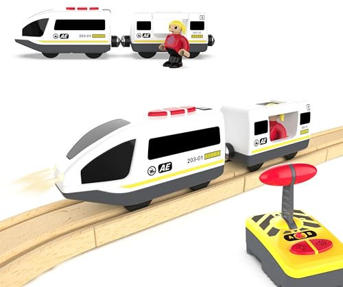 Battery Operated Train Set Age 3+ for Wooden Tracks, Remote Control Train Toy Compatible with Thomas, Brio